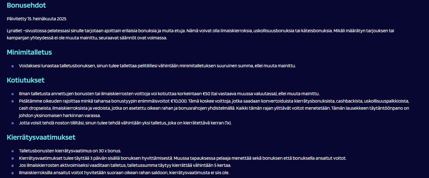 LyraBet bonusehdot määrittävät, miten suomalaiset pelaajat voivat hyödyntää kasinon bonuksia