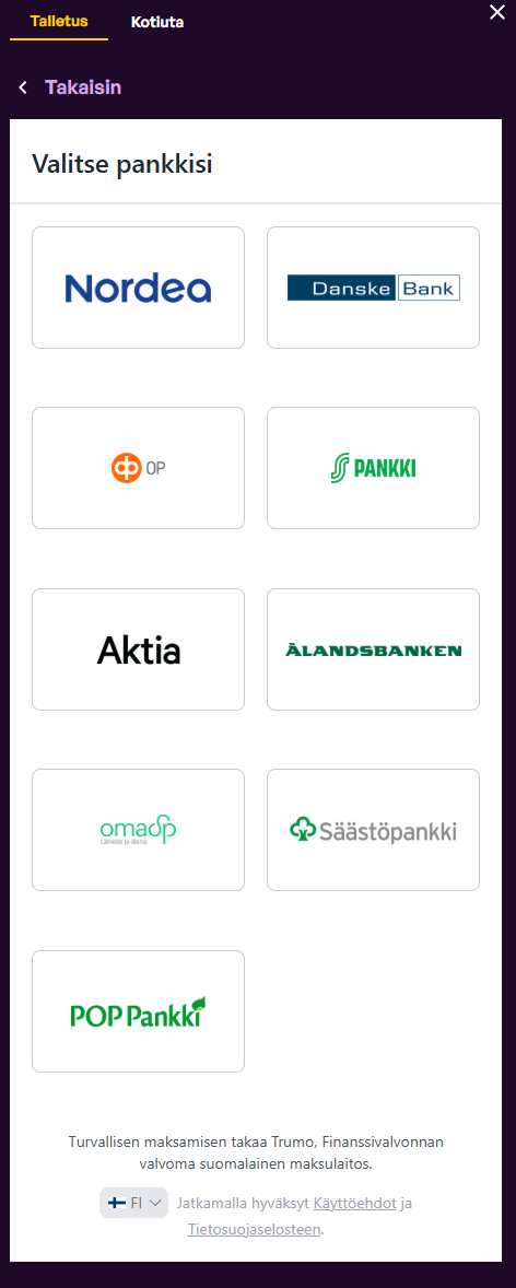 Slottimonsteri Trumo talletus onnistuu suomalaisille pelaajille heti pankkitunnuksilla