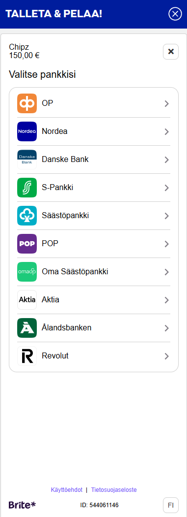 Chipz Casinon talletusprosessin kuvakaappaus