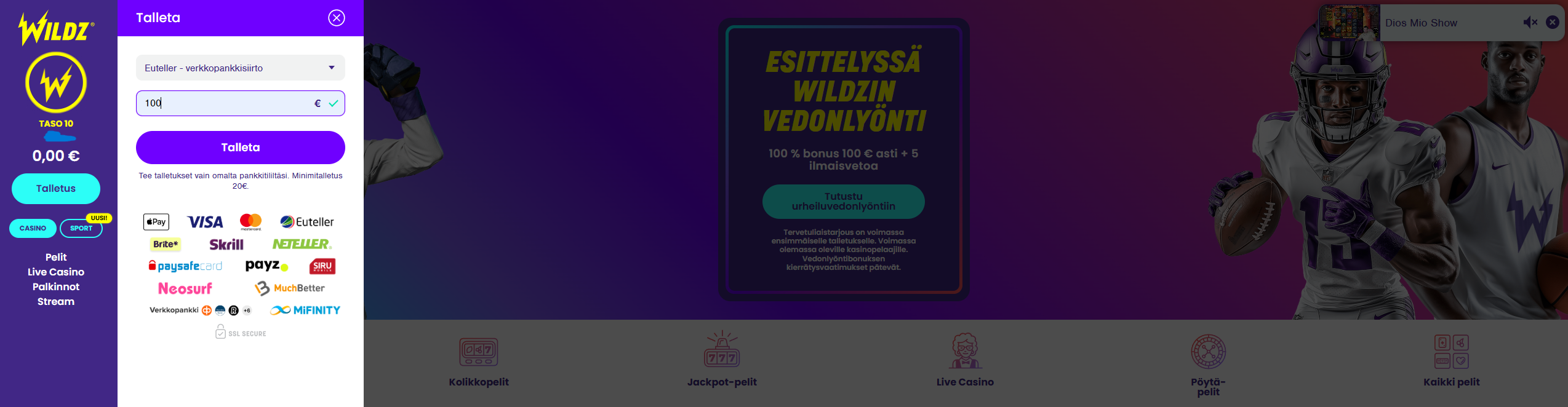 Euteller-kasino: talletus onnistuu nopeasti Wildzillä pankkitunnuksilla