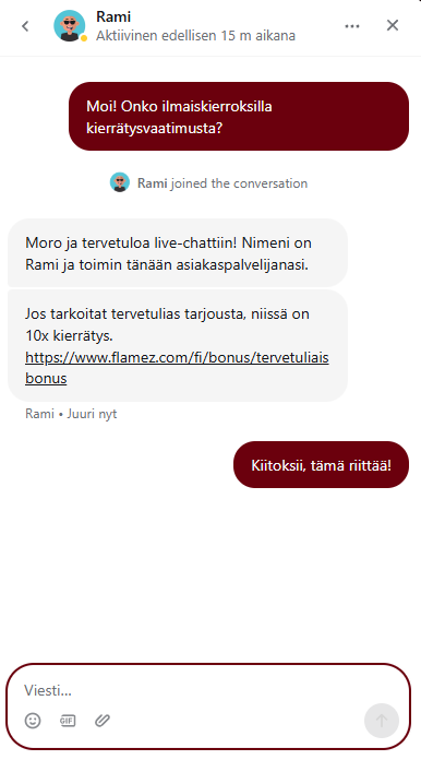 Flamez Casinon asiakaspalvelun kuvakaappaus suomeksi