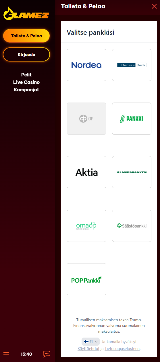 Flamez Casinon Trumo-talletuksen kuvakaappaus