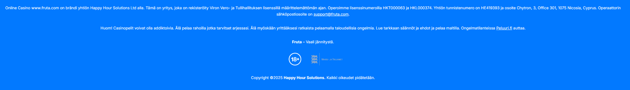 Fruta Casinon lisenssi- ja turvallisuustietojen kuvakaappaus