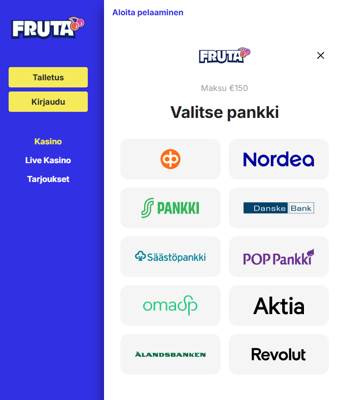 Fruta Casinon talletustestin kuvakaappaus