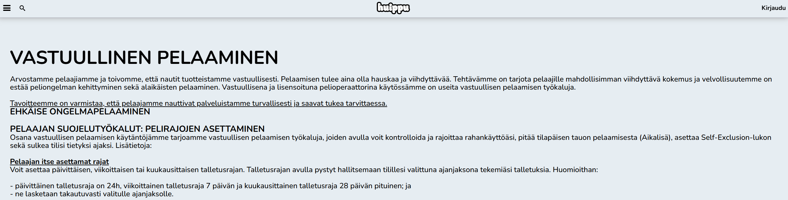 Huippu Kasinon vastuullisen pelaamisen työkalujen kuvakaappaus