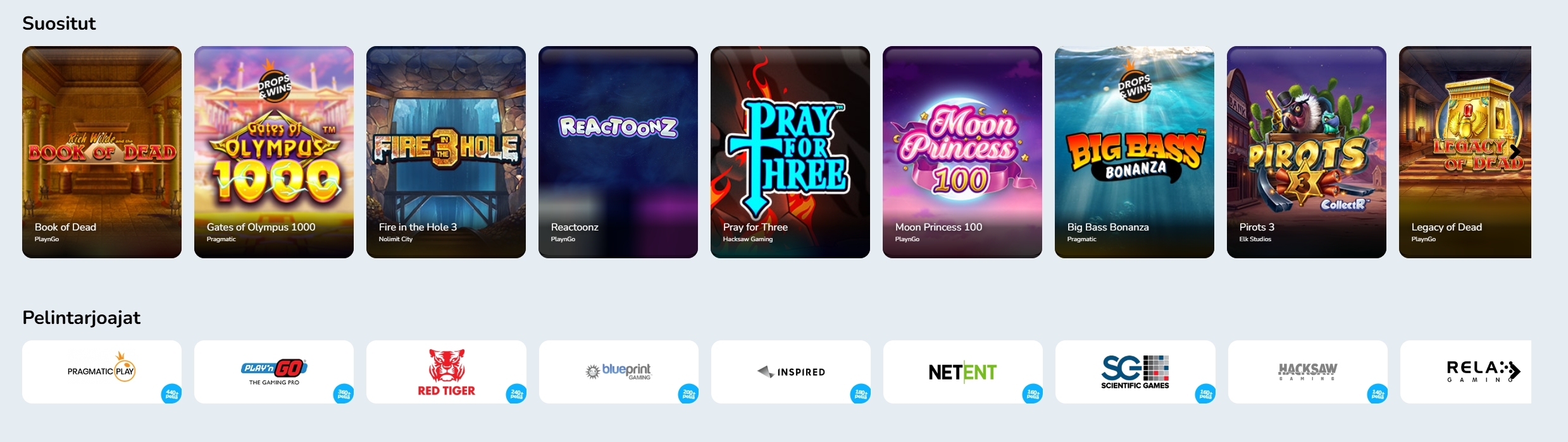 Huippu Kasinon pelivalikoiman kuvakaappaus