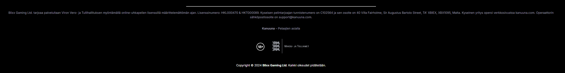 Kanuuna Kasinon lisenssi- ja turvallisuustietojen kuvakaappaus