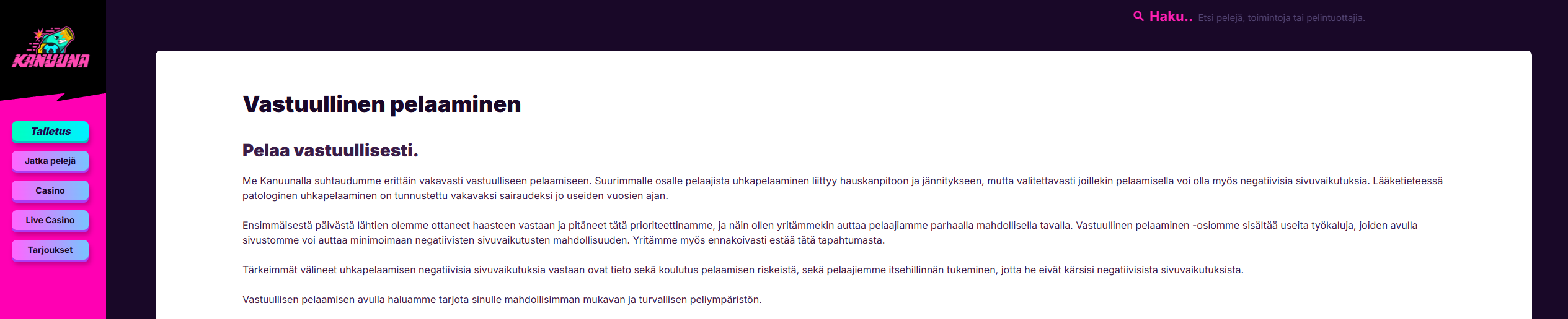 Kanuuna Kasinon vastuullisen pelaamisen työkalujen kuvakaappaus