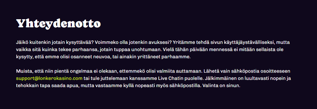 Kuvakaappaus Lonkero Casinon asiakaspalveluosiosta