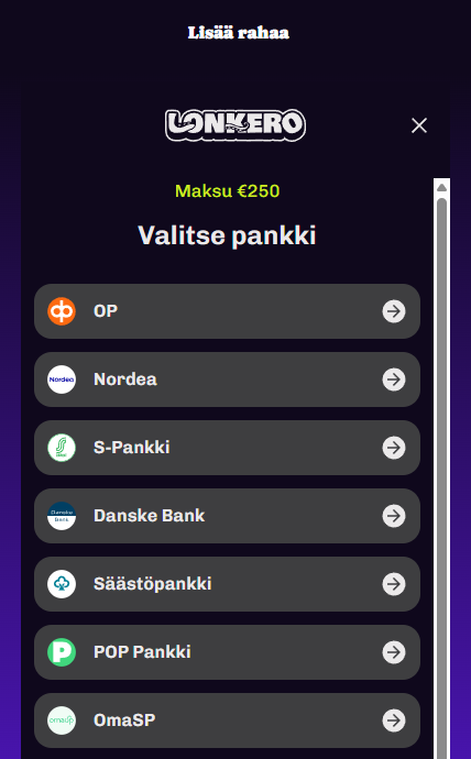 Kuvakaappaus Lonkero Casinon talletusvalikosta
