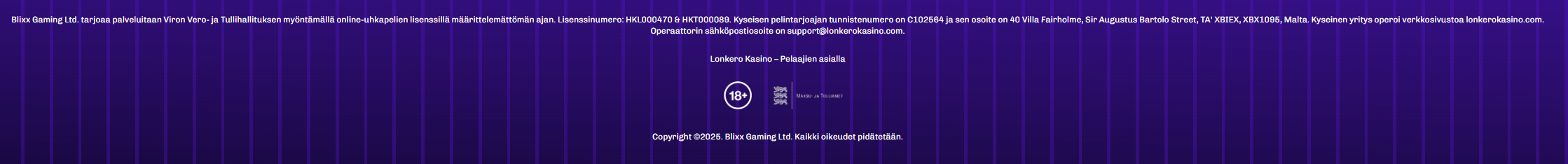 Kuvakaappaus Lonkero Kasinon lisenssi- ja turvallisuustiedoista