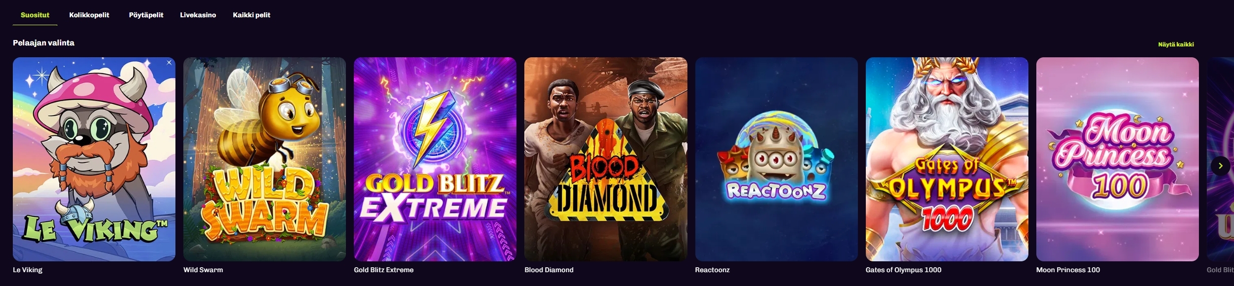 Kuvakaappaus Lonkero Kasinon pelivalikoimasta