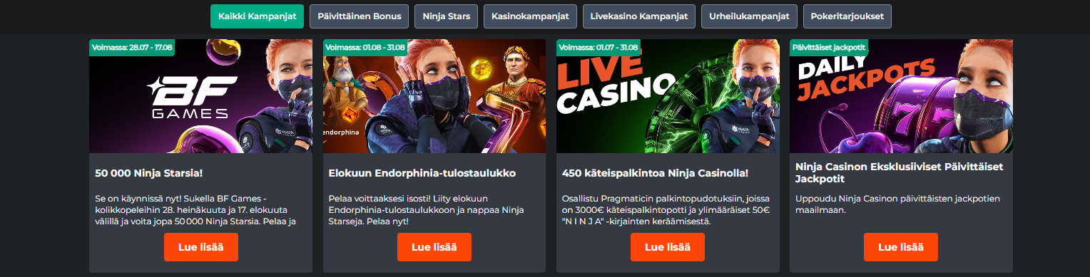 Kuvakaappaus Ninja Casinon bonustarjouksista