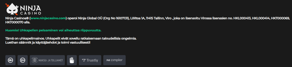 Kuvakaappaus Ninja Casinon lisenssi- ja turvallisuustiedoista