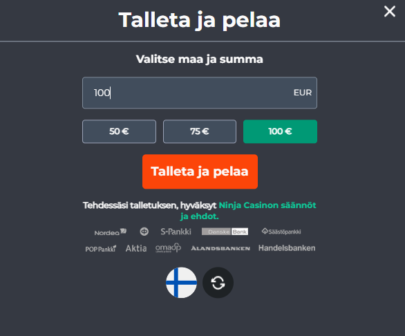 Kuvakaappaus Ninja Casinon talletussivusta