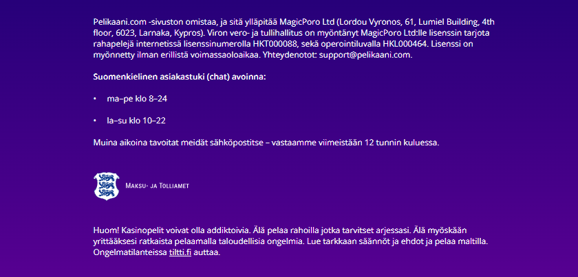 Kuvakaappaus Pelikaani Kasinon lisenssi- ja turvallisuussivusta