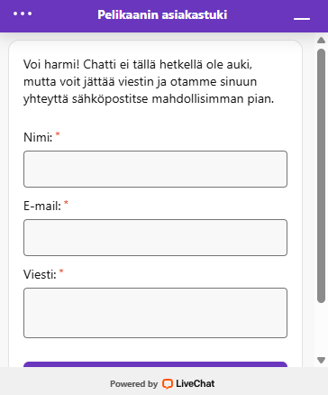 Kuvakaappaus Pelikaani Kasinon asiakaspalvelusivusta
