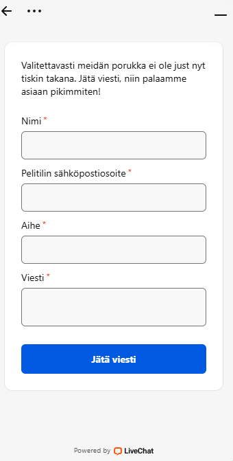 Kuvakaappaus Pelikioski Kasinon asiakaspalvelusivusta