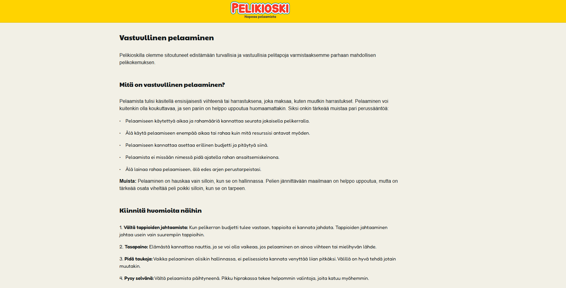 Kuvakaappaus Pelikioski Kasinon vastuullisen pelaamisen osiosta