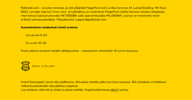 Kuvakaappaus Pelikioski Kasinon lisenssi- ja turvallisuustiedoista