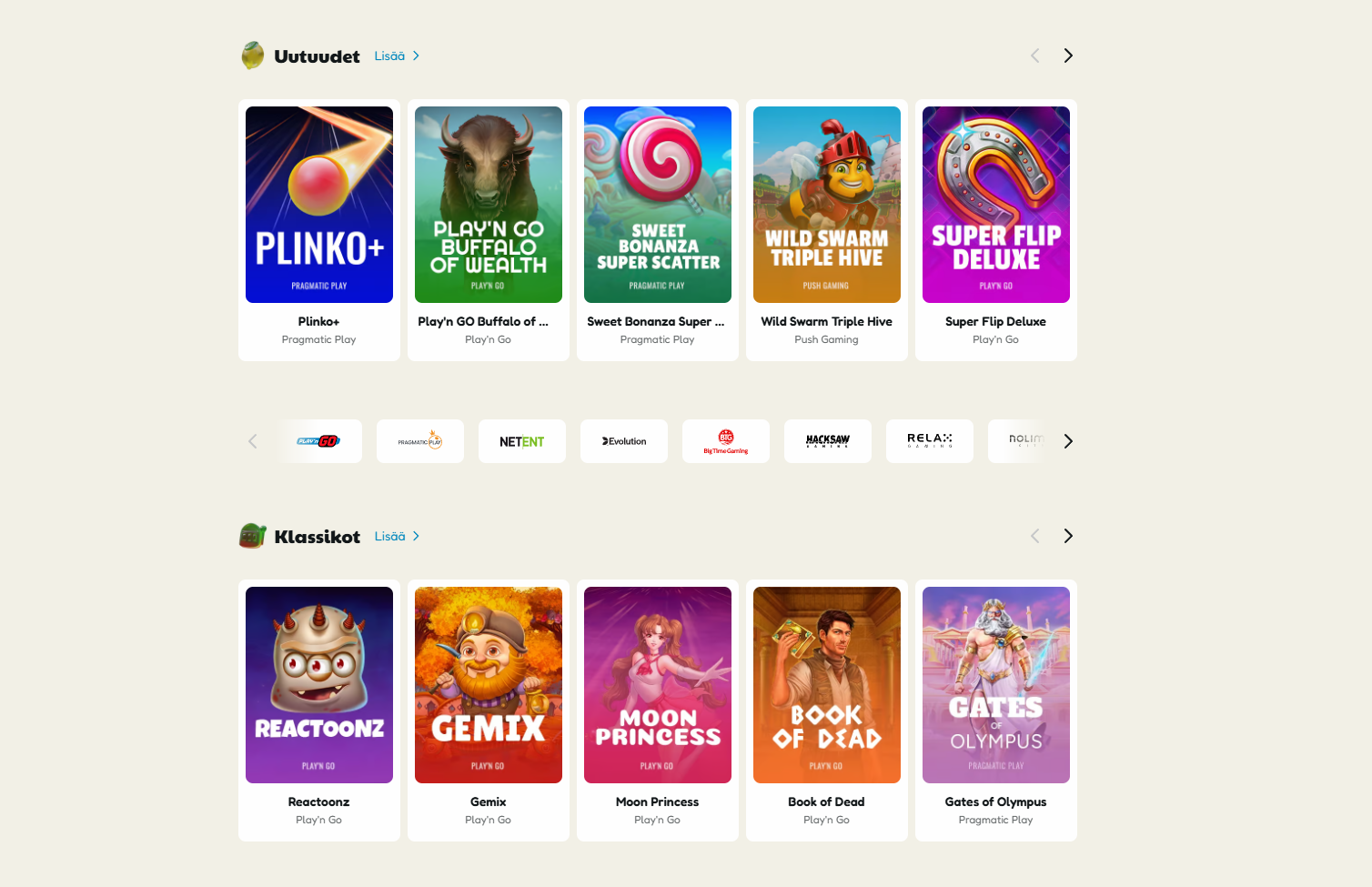 Kuvakaappaus Pelikioski Kasinon pelivalikoimasta