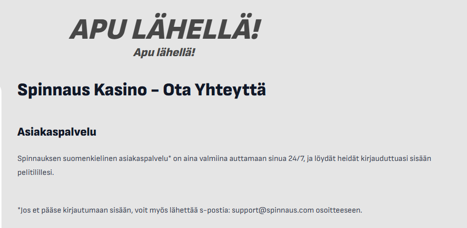 Kuvakaappaus Spinnaus Casinon asiakaspalvelusivusta