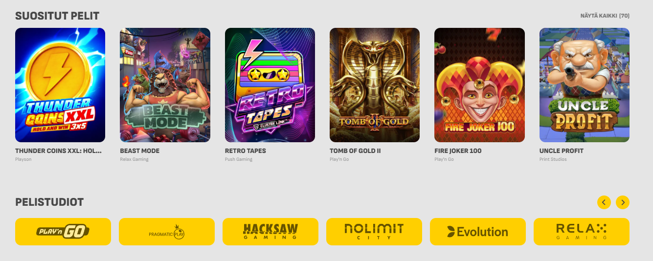 Kuvakaappaus Spinnaus Casinon pelivalikoimasta