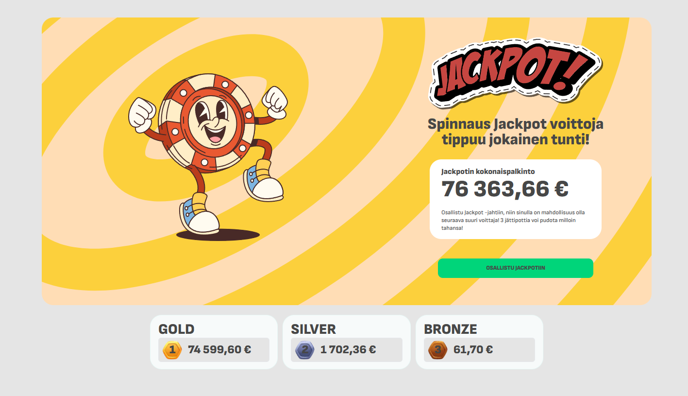 Kuvakaappaus Spinnaus Kasinon jackpot-pelistä