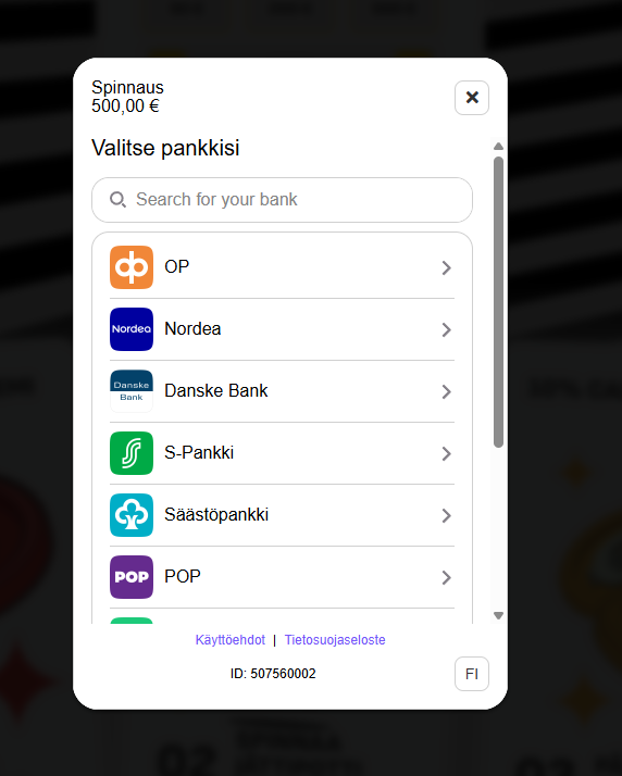 Kuvakaappaus Spinnaus Kasinon talletussivusta