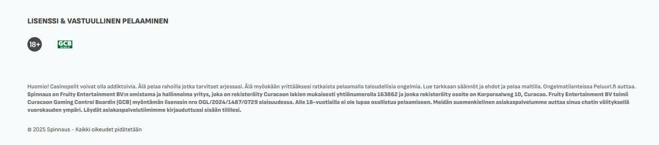Kuvakaappaus Spinnaus Kasinon lisenssi- ja turvallisuustiedoista