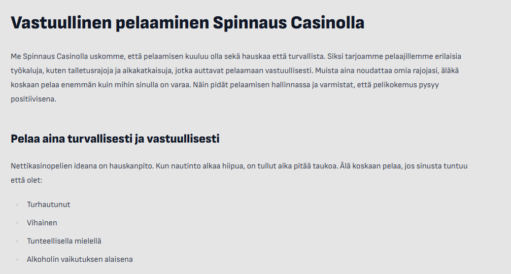 Kuvakaappaus Spinnaus Kasinon vastuullisen pelaamisen sivusta
