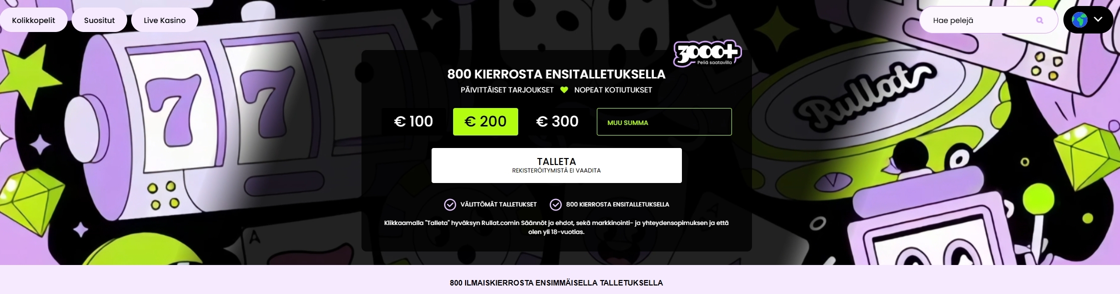 Suomalainen pikakasino Rullat tuo pöytään verovapaat voitot ja nopeat kotiutukset