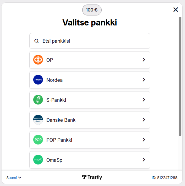 Trustly talletuksessa pelaaja valitsee oman pankkinsa ja kirjautuu verkkopankkitunnuksilla
