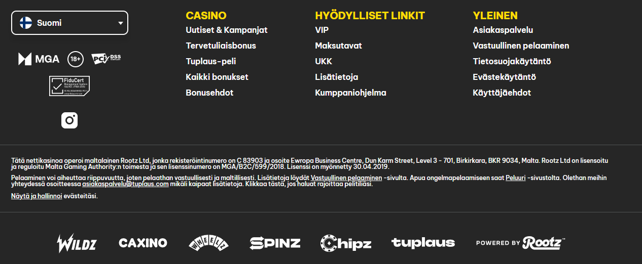 Kuvakaappaus Tuplaus Kasinon lisenssi- ja turvallisuustiedoista
