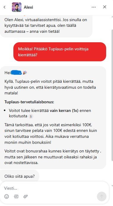 Kuvakaappaus Tuplaus Kasinon asiakaspalvelusivusta ja live chat keskustelusta