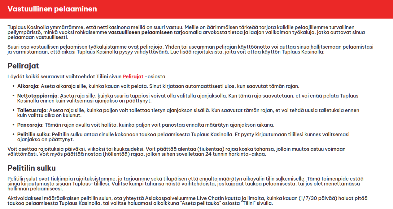 Kuvakaappaus Tuplaus Kasinon vastuullisen pelaamisen osiosta