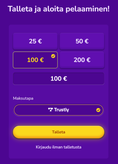 Trustly talletuksessa pelaaja valitsee summan ja maksaa pankkitunnuksilla