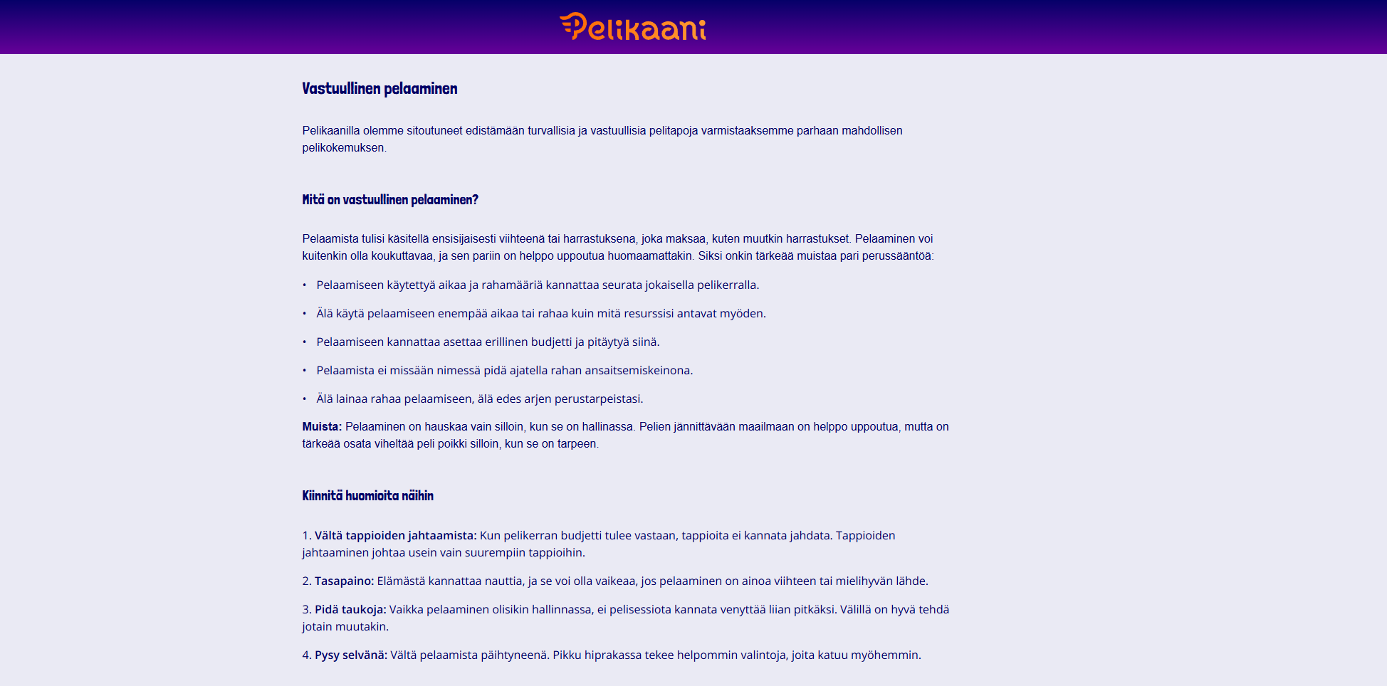 Kuvakaappaus Pelikaani Kasinon vastuullisen pelaamisen työkalujen esittelystä