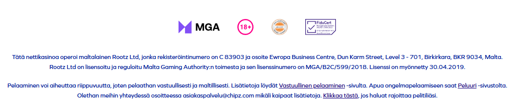 Chipz Casinon lisenssi- ja turvallisuustietojen kuvakaappaus